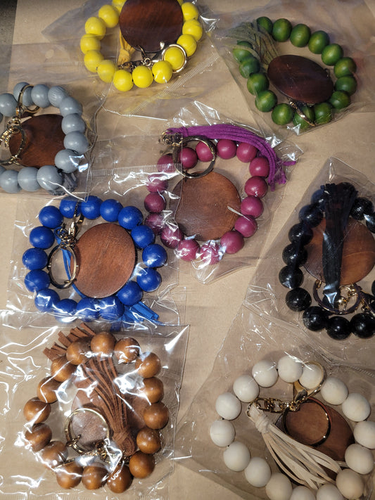 Solid Wood Bead Wristlet/ Solid Colors / Key Chain Wristlet with Suede Tassel