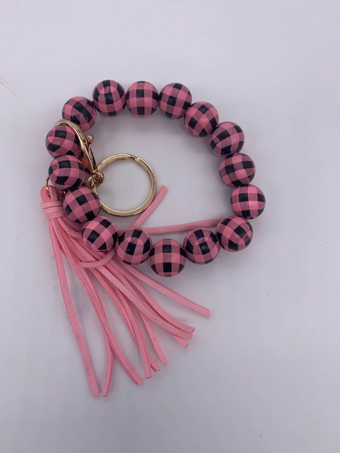 Buffalo Plaid Wood Bead Wristlet / Key Chain Wristlet with Suede Tassel