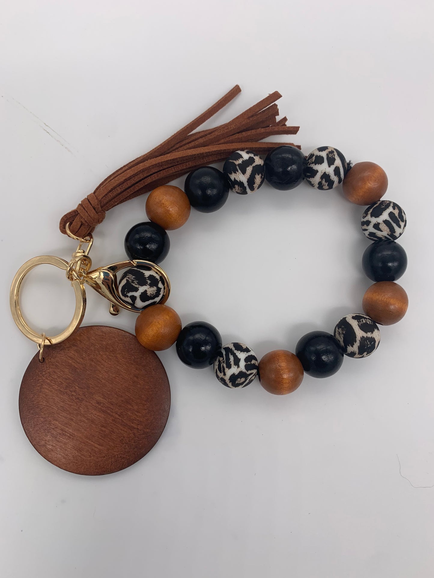 Animal Print Wood Bead Wristlet/ Solid Colors / Key Chain Wristlet with Suede Tassel