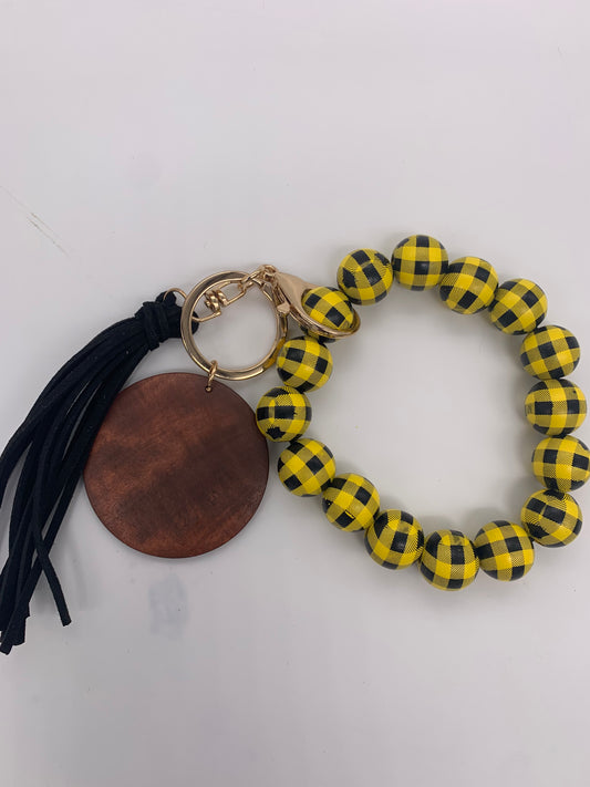 Buffalo Plaid Wood Bead Wristlet / Key Chain Wristlet with Suede Tassel